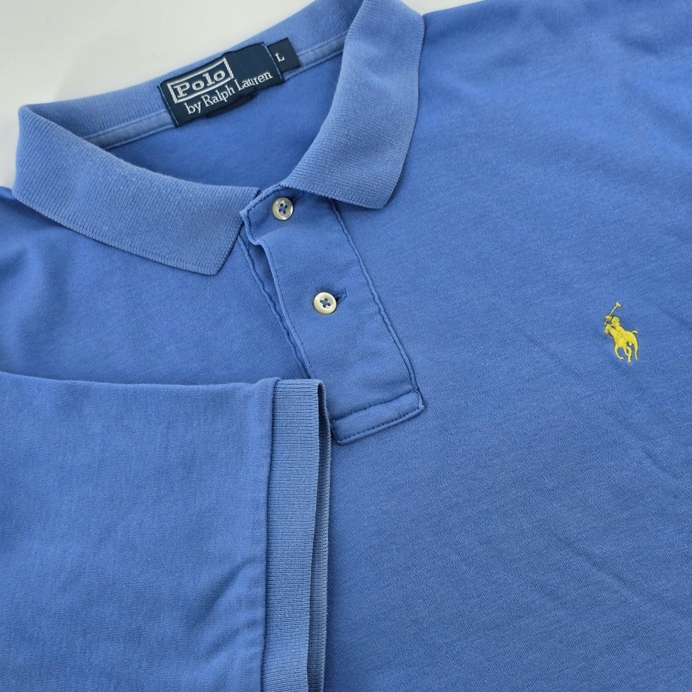 Polo Ralph Lauren Polo Shirt Mens Large Blue Yellow Pony Short Sleeve Jersey - Picture 1 of 12